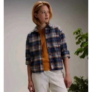 Alpine Design Flannel Shirt Women's Large Midweight Navy Brown Rock Plaid Hiking